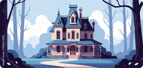An old Victorian mansion stands amidst a mystical, misty forest