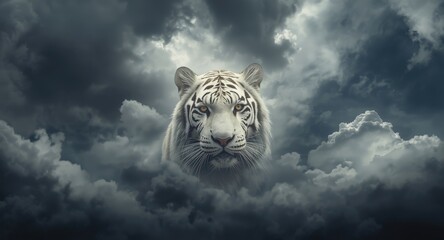 Dramatic cloud sky serves as a backdrop for a white tiger in a surreal photo manipulation