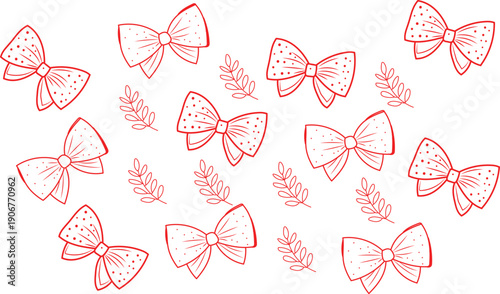 Delicate hand drawn red bow tie pattern illustration on white background