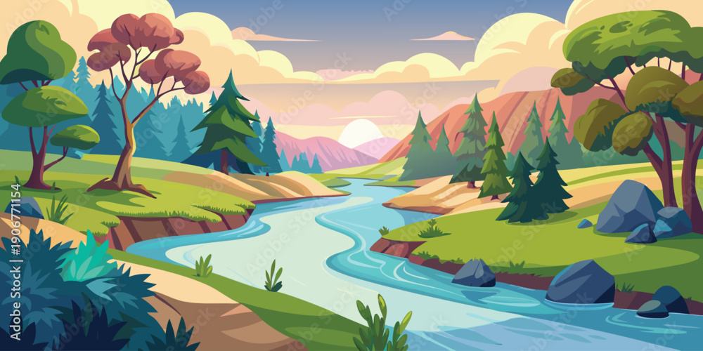Obraz premium A vibrant cartoon landscape with a river flowing through green hills under a colorful sunset. 