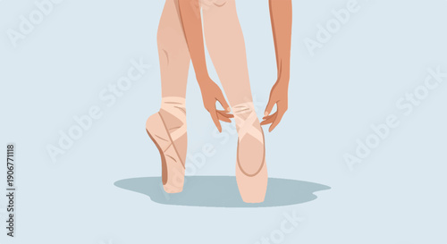 Ballet dancer tying pointe shoes on a light blue background