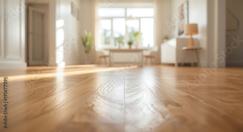 Bright renovated apartment interior with soft natural light and parquet floor