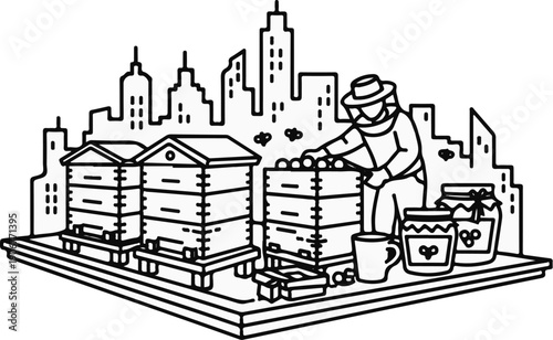 Beekeeper tending hives on a rooftop with a city skyline backdrop
