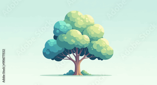 A stylized, pixelated tree with lush green and blue foliage against a pale sky