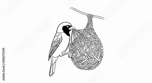 Bird building a woven nest suspended from a branch