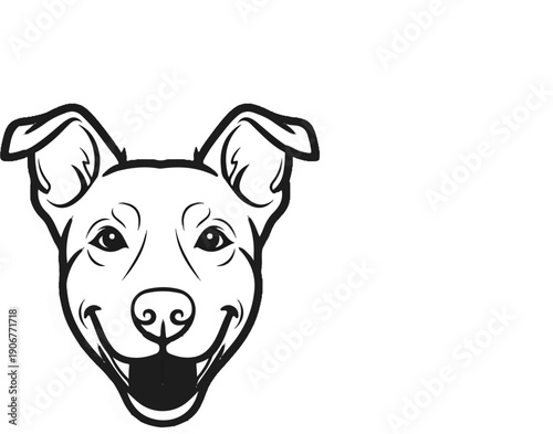 A stylized black and white line drawing of a happy dog's face