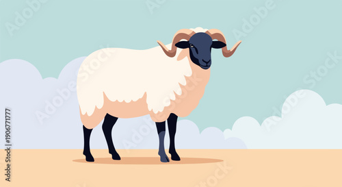 A stylized sheep with impressive horns stands on a sandy plain under a cloudy sky