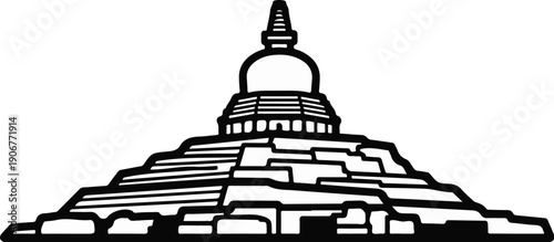 A stylized black and white representation of a stepped pyramid-like stupa