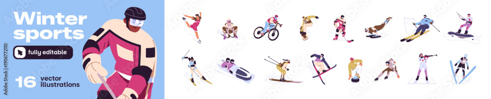 Obraz premium Winter sports set. Athletes of ski, snowboard, bobsleigh, biathlon, ice hockey and figure skating. Sportsmen go curling, slalom and freestyle, luge sled. Flat isolated vector illustrations on white