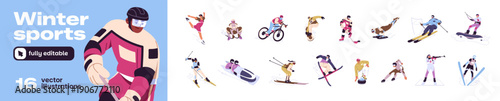 Winter sports set. Athletes of ski, snowboard, bobsleigh, biathlon, ice hockey and figure skating. Sportsmen go curling, slalom and freestyle, luge sled. Flat isolated vector illustrations on white