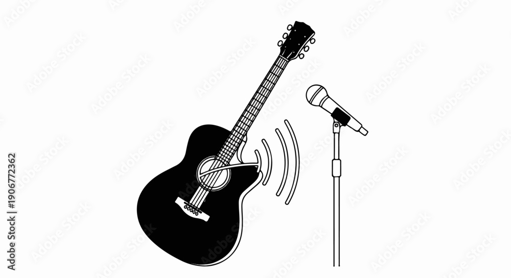 Fototapeta premium Black acoustic guitar and microphone with sound waves