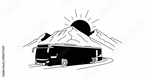 A stylized bus drives through mountains at sunrise