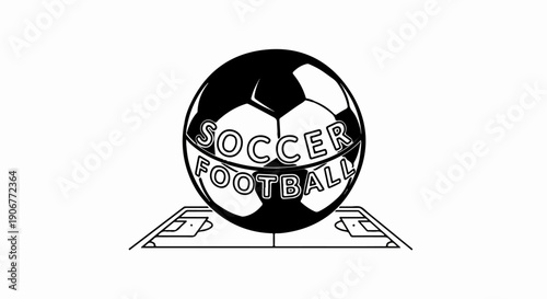 A stylized soccer ball rests on a simplified soccer field