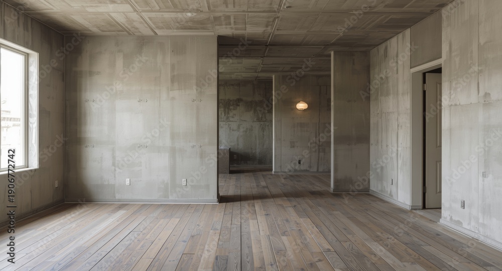 Fototapeta premium Bare walls paired with exposed flooring in an unfinished room highlighting renovation ideas