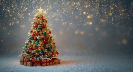 Holiday photo shoot background featuring sparkling lights and decorated Christmas trees for festive mood
