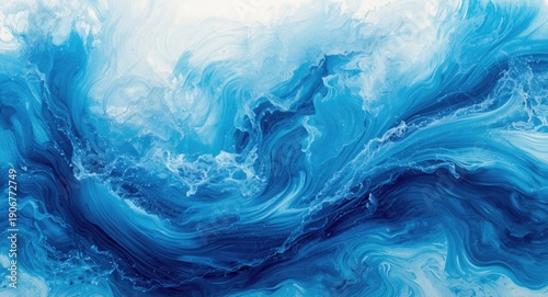Focused painting detail capturing swirling wind wave patterns in white and electric blue over aqua hues