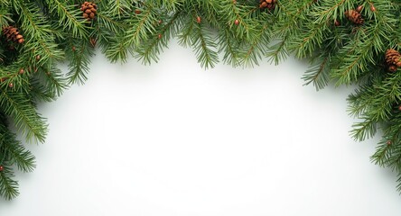 Christmas wide arched border crafted from fresh fir branches on white background