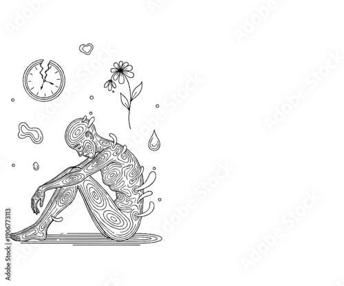 Abstract figure with swirling patterns, broken clock, and flower