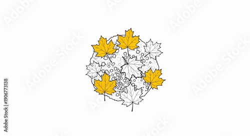 A stylized, circular arrangement of fall maple leaves in yellow and outline