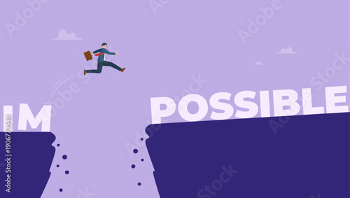 Businessman jumping from cliff to other bank. Possible and impossible of success in business and leadership concept.