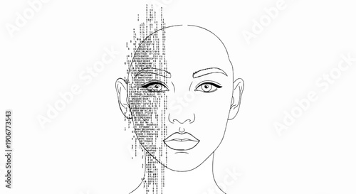 A stylized face is split, one side rendered in digital code, the other in outline
