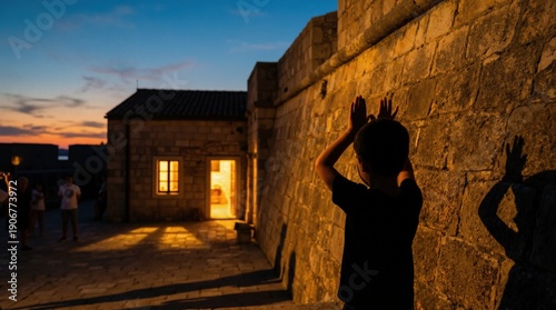 Boy making shadow puppets on stone wall at dusk. Child playing with hand gestures in warm evening light. Imagination and storytelling concept. Silhouette of kid in old town street