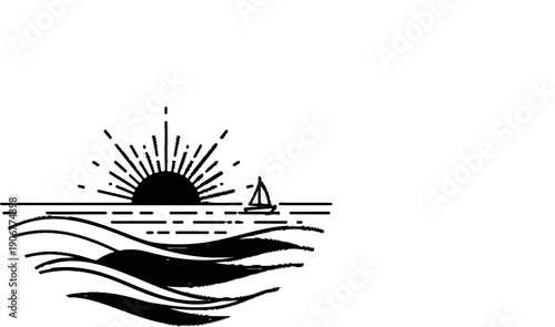 A stylized sun rises over wavy ocean waters with a sailboat