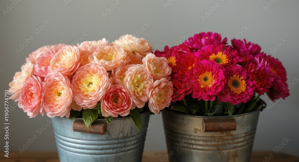 Obraz premium Beautiful spring ranunculus flowers grouped in buckets with a colorful and textured appearance