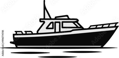 A stylized illustration of a dark blue and white motorboat on water