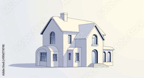 A stylized illustration of a detached, two-story house with arched windows and a chimney