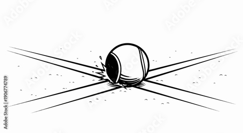 A stylized tennis ball makes a dramatic impact on a court with radiating lines