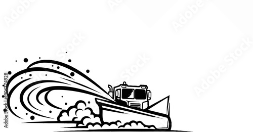 A stylized illustration of a snowplow clearing a path, with snow spray