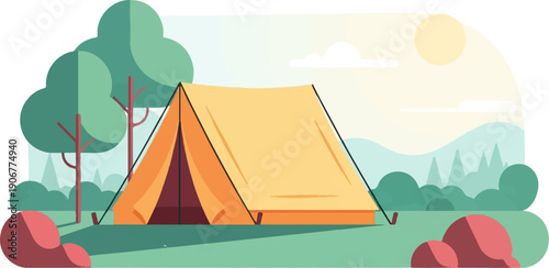A stylized illustration of a yellow tent pitched in a forest clearing with trees