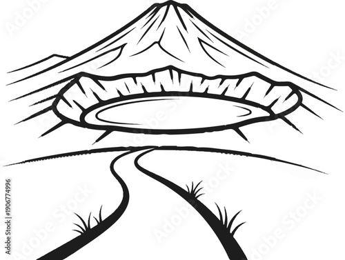 A stylized volcano with a crater and a winding road leading towards it