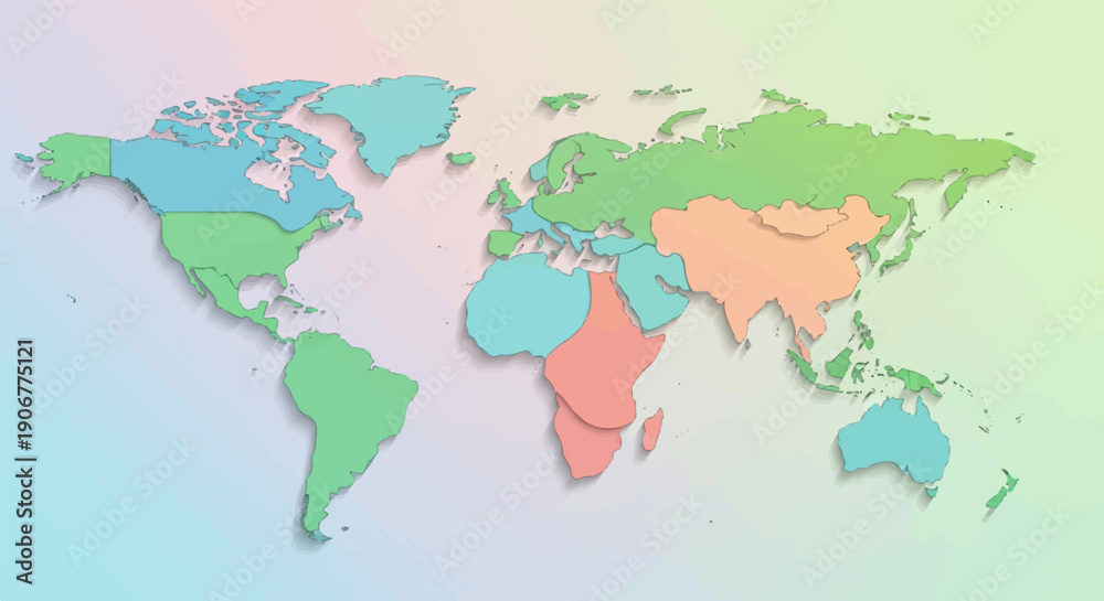 Naklejka premium A stylized world map showing continents in pastel colors with a soft gradient background