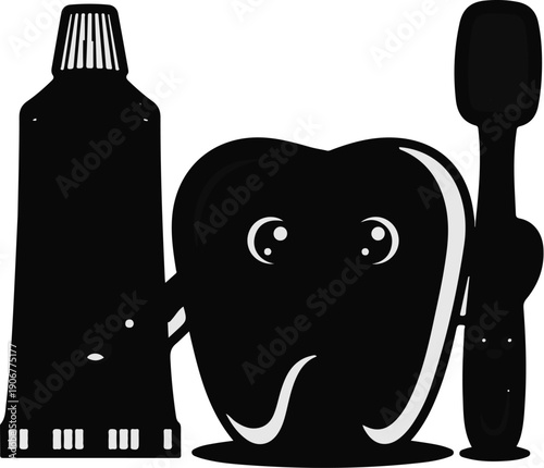 Animated tooth with toothpaste and toothbrush, smiling