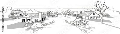 A suburban street scene after a storm with fallen trees and damaged homes