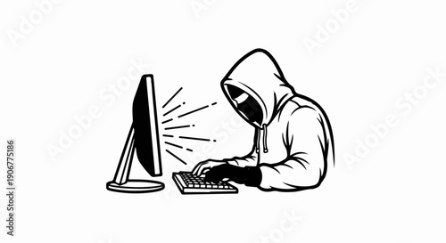 Anonymous hooded figure actively typing on a computer keyboard