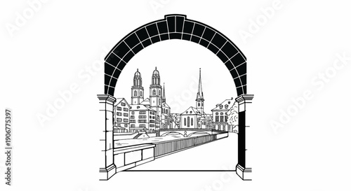 Arch frames a picturesque European cityscape with twin-spired churches and a river