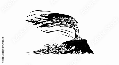 A windswept tree clings to a rocky cliff edge, battered by ocean waves