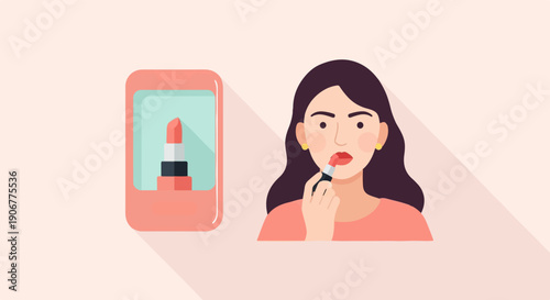 A woman applies lipstick while a lipstick illustration is shown on a screen