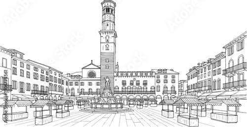 Architectural drawing of a European city square with market stalls and a fountain