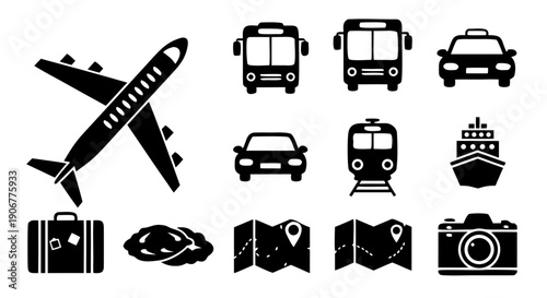 Travel and Transportation Black Silhouette Icon Set
