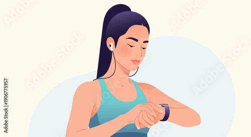 A woman with dark hair in a ponytail checks her smartwatch while wearing earbuds