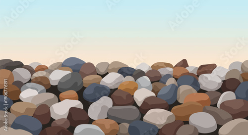 A textured, pixelated expanse of smooth, rounded pebbles under a soft, gradient sky