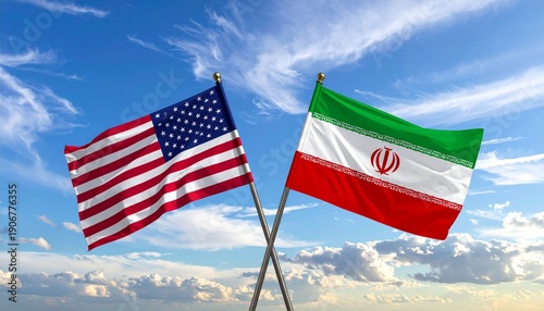 Crossed flags of USA and Iran against blue sky
