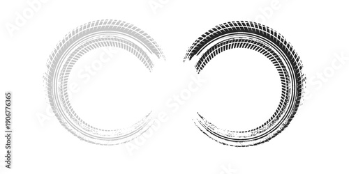 Tire tread marks, wheel textures, tire marks - car racing, motocross, drift, rally, off-road and others. Vector black isolated texture in grunge style with splashes.eps10