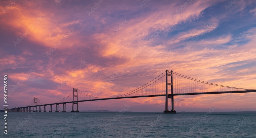 Obraz premium Evening sky with dramatic cloud patterns over a long sea link bridge
