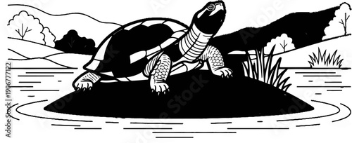 A tortoise sits on an island in a pond with rolling hills and trees in background