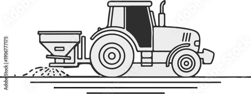 A tractor with a spreader attachment disperses granular material on a field